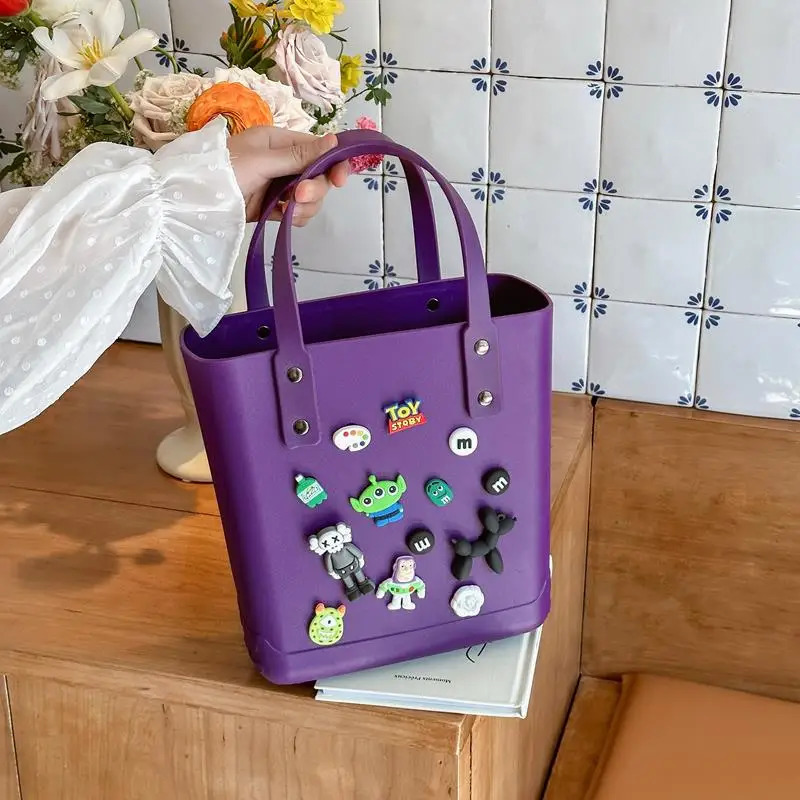Womens Bag PVC Summer Waterproof Grocery Bags Large Capacity Cartoon Top Handle Bags Ladies DIY Hole Handbags Durable Beach Bag 250603
