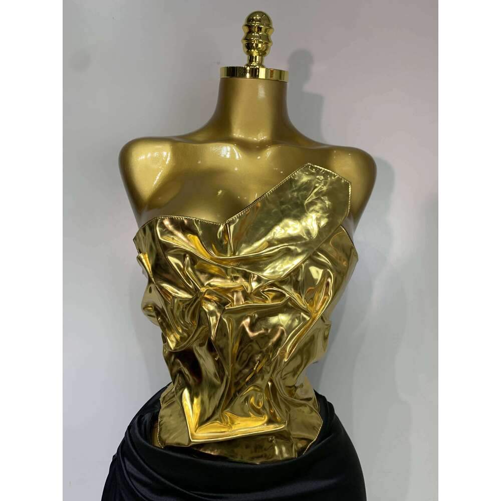 2025 New Arrival Women Gold Color Sexy Laced-Up Tops 2 Pieces Set Long Celebrate Evening Party Celebrity Elegant Dress