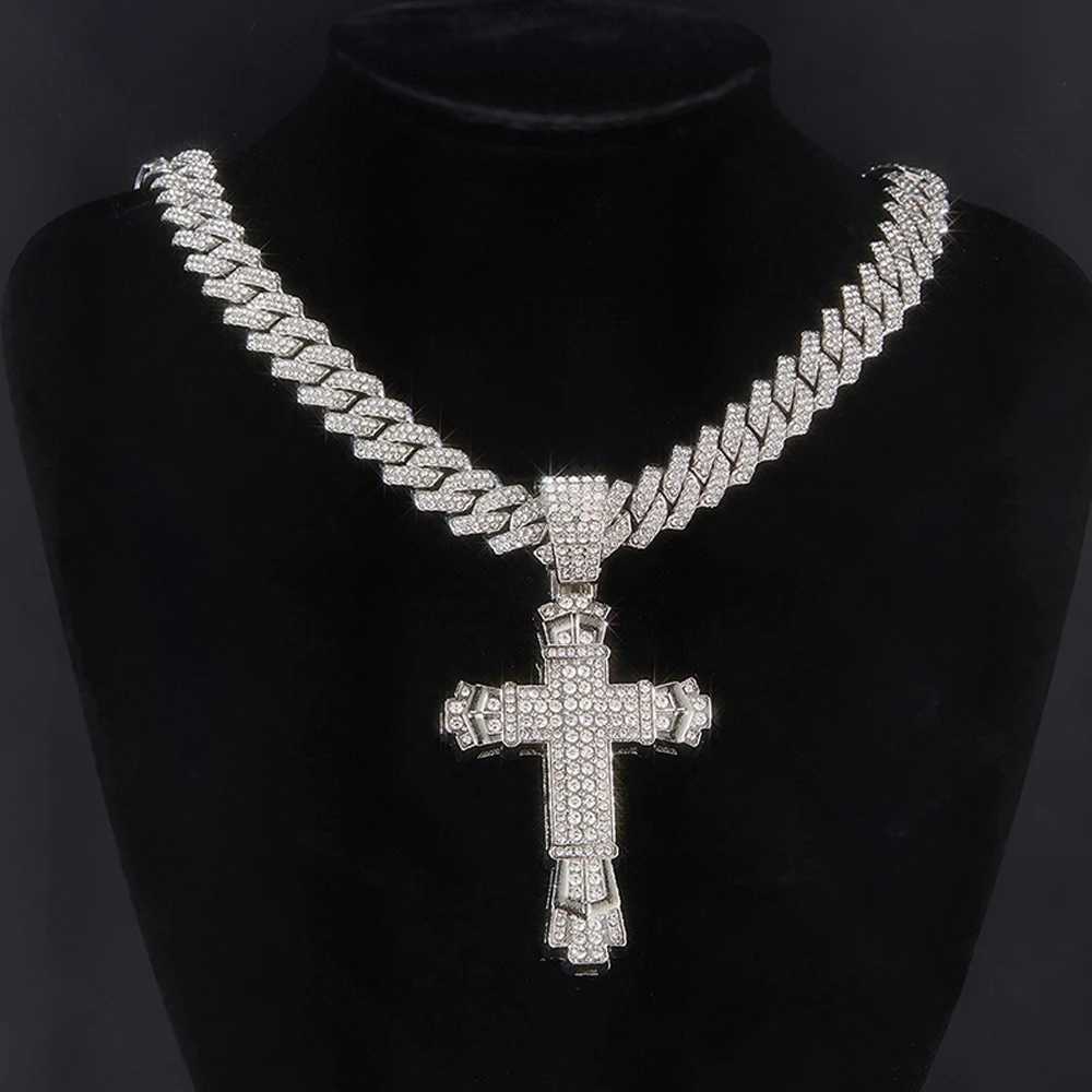 Men Women Shiny Cross Pendant Necklace With Miami Cuban Chain Link Hip Hop Iced Out Bling Fashion Exquisite Charm Jewelry Gift XJ250604