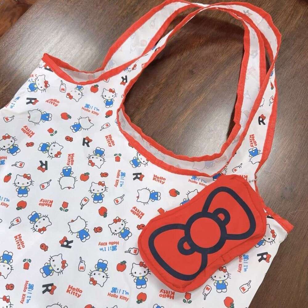 Shopping Kitty Red Bow 2025 New Foldable Storage Eco-friendly Full Print Single Shoulder Handheld Tote Bag