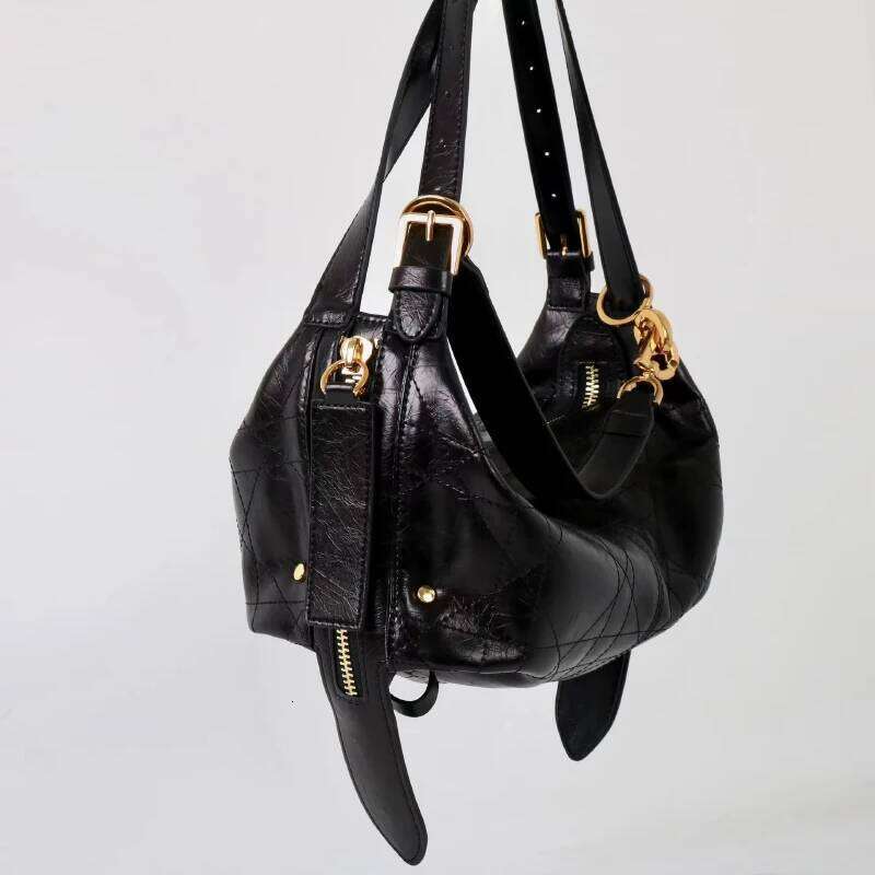 2025 Design Pleated Cowhide Shoulder Bags Women Casual Fashion Soft Tote Elegant Commute Handbag Crossbody Bag Female