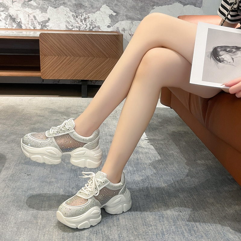 Women Fashion Skate Sneakers Women Thick Soled Shiny Shoes Sequin Increase Height Casual Shoes Luxury designer Lace-up Shiny Rhinestone Chunky Platfor