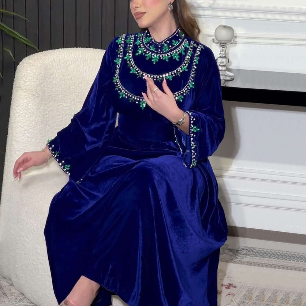 Because 0249 Saudi Arabia Abaya Robe Velvet Zipper Green Water Drop Rhinestone Dress B5