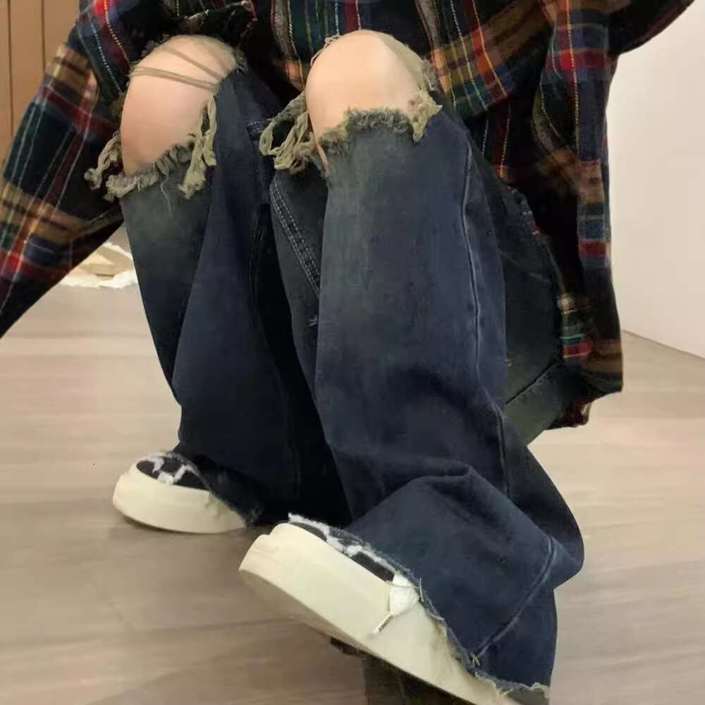 American Style Ripped Straight Leg Jeans For Women, Summer Thin Plus Size, High Waist, Loose Fit, Slimming, Wide Leg, Floor-Length Pants B5