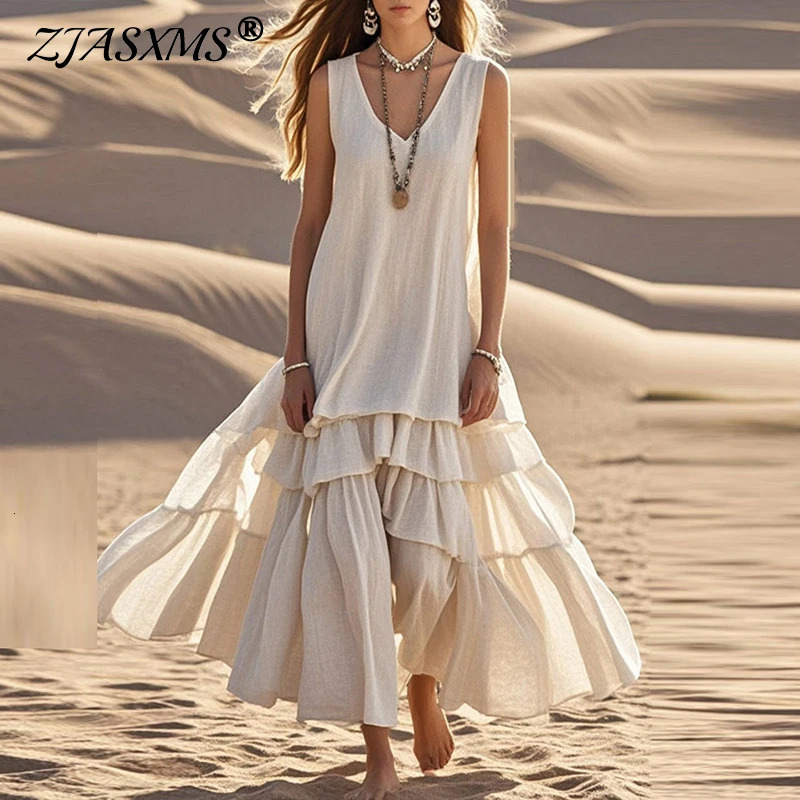 Retro Solid Cotton Linen Pleated Long Dress Woman Spring Fashion V Neck Loose Maxi Dress Summer Sleeveless Tank Boho Beach Dress 250529