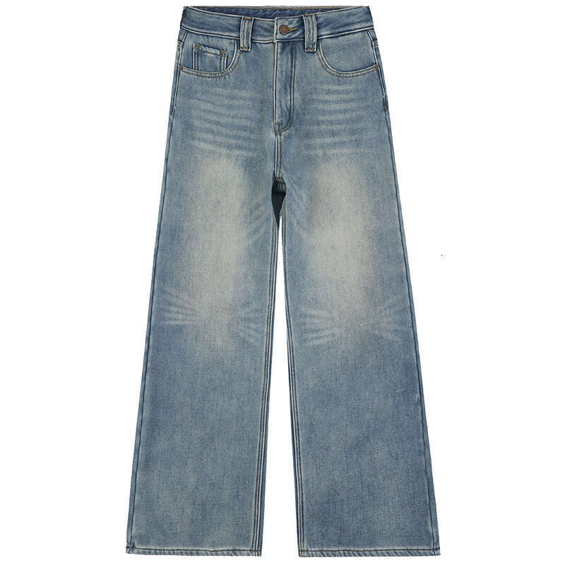 American Style Light Blue Wide-Leg Jeans For Women, Autumn New Design, High Waist, Slimming, Draped, Floor-Length Pants B5