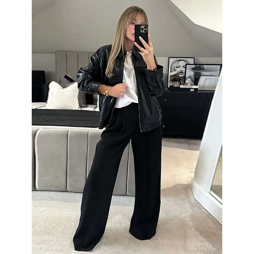 Vintage Pu Leather Women's Jackets With Zipper Casual Loose Lapel Full Sleeve Pockets Female Coat High Street Lady Outerwears