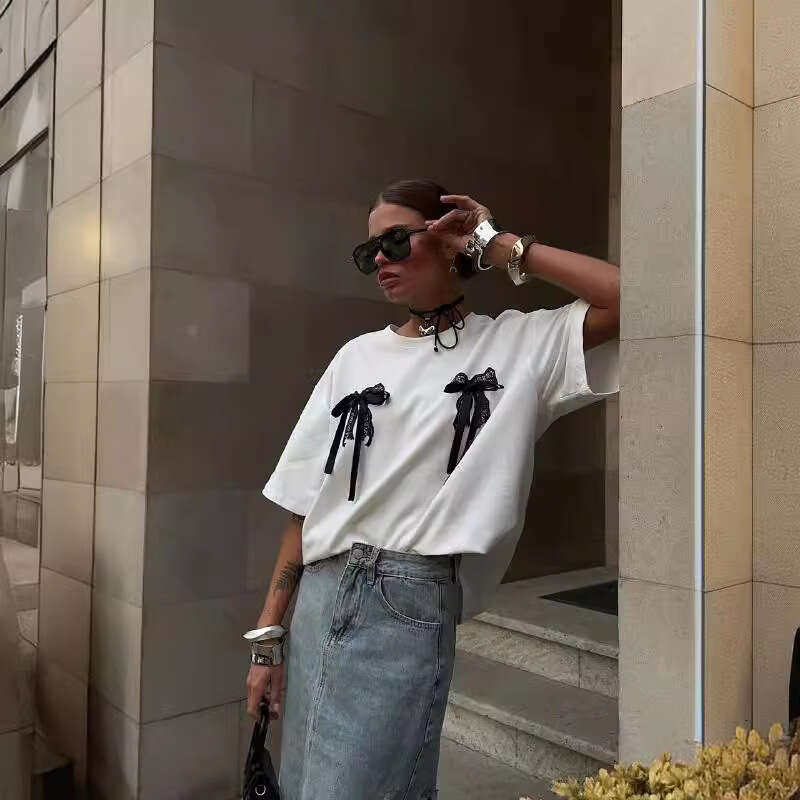 Trendy Sexy Bowknot Front Design Sweet And Spicy Summer Loose Slimming Short Sleeve T-Shirt B5