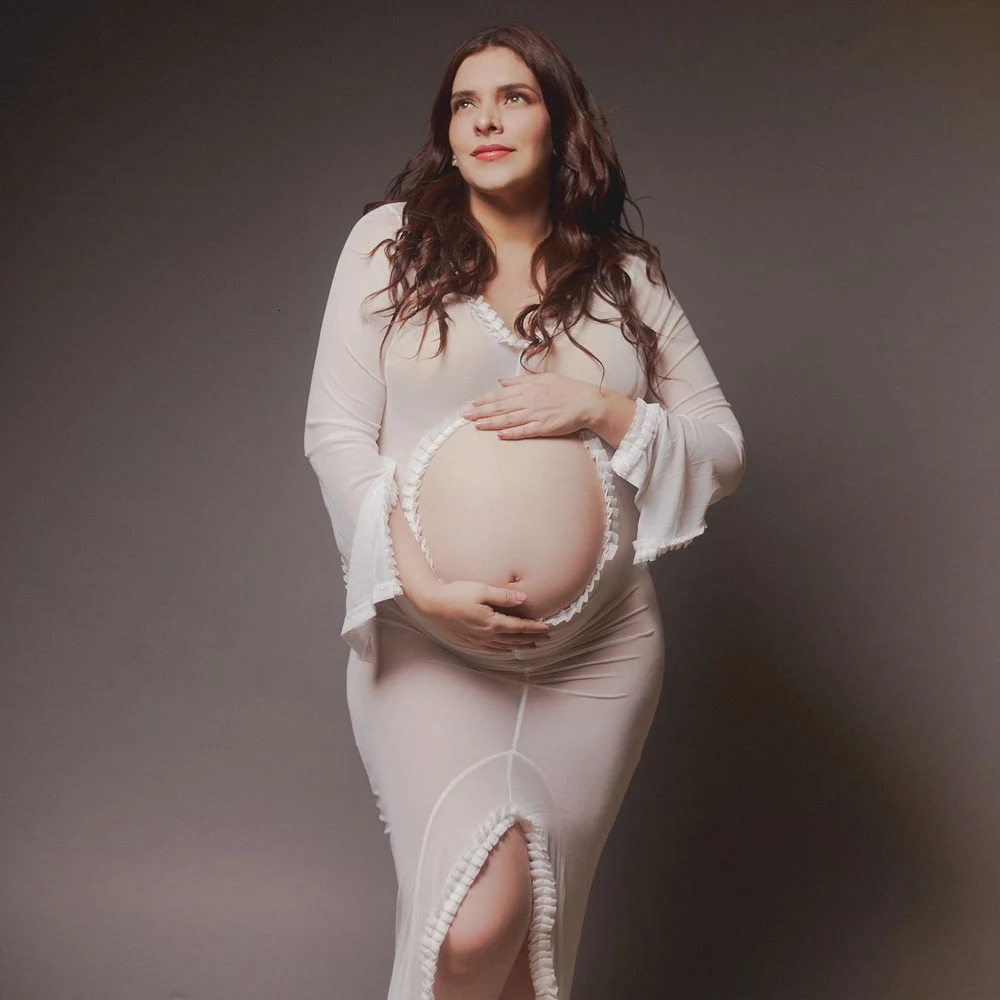 Maternity Sheer Lace Ruffle Ruched Dress Long Sleeve Sexy Slit Belly Gowns Pregnant Dress For Poshoot Simple Baby Shower 250530