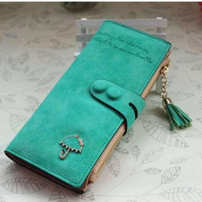 Women's long purse European and American vintage frosted Umbrella Hardware buckle fringe multi-card folding mobile wallet Large
