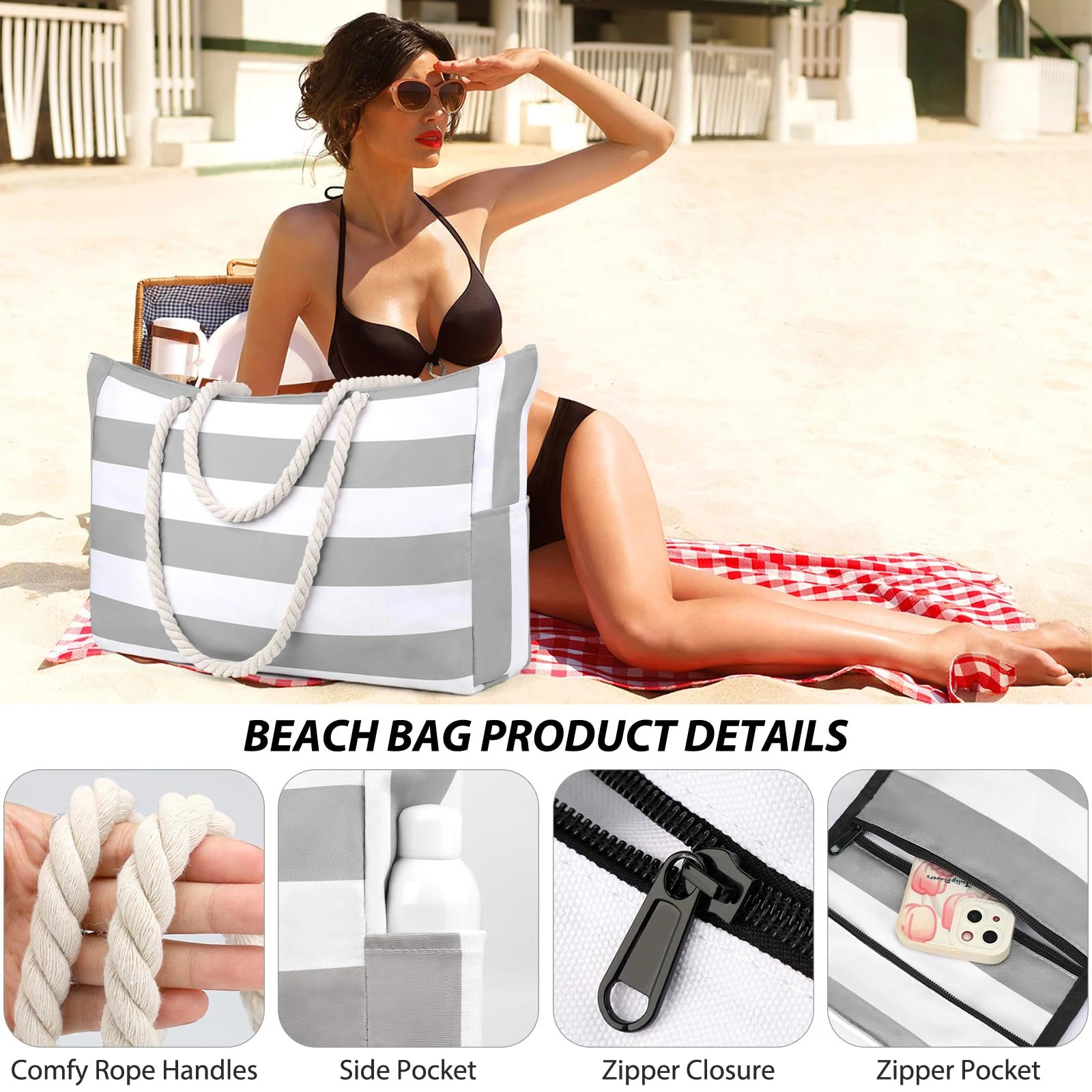 Striped zipper outer bag for outdoor travel and vacation waterproof and sand resistant canvas convenient folding beach bag-zmt 250603