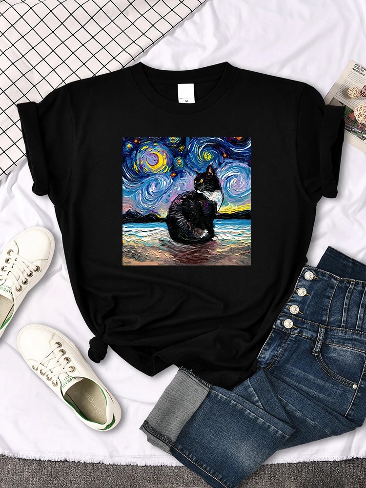 Mona Lisa T Shirts Funny Cat Lovely Cute Printed Designer T-Shirt For Women'S Crewneck Gothic Women Tshirt Casual Oversize Tee Shirts