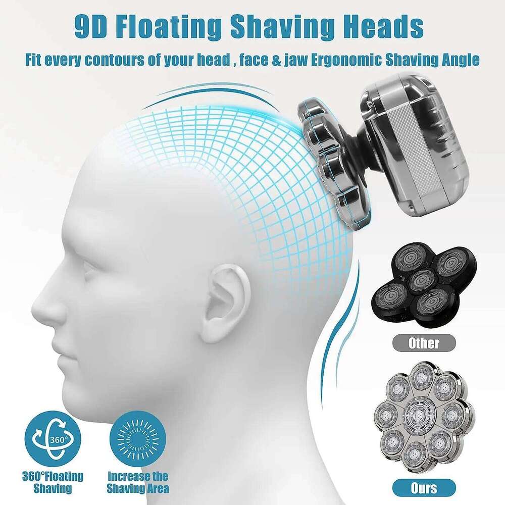 9D For Bald Men Electric Shavers Rechargeable Head Razor Ipx7 Waterproof Rotary Shaver With LED Display