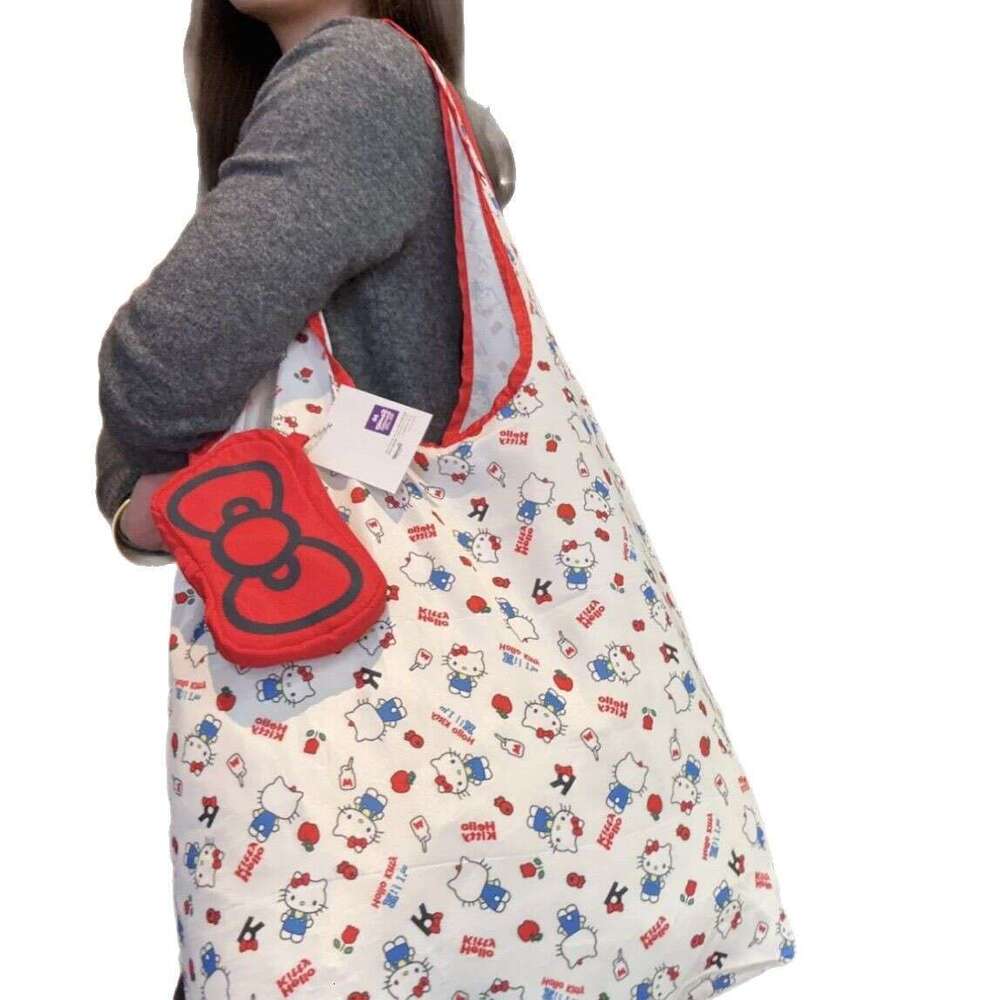 Shopping Kitty Red Bow 2025 New Foldable Storage Eco-friendly Full Print Single Shoulder Handheld Tote Bag