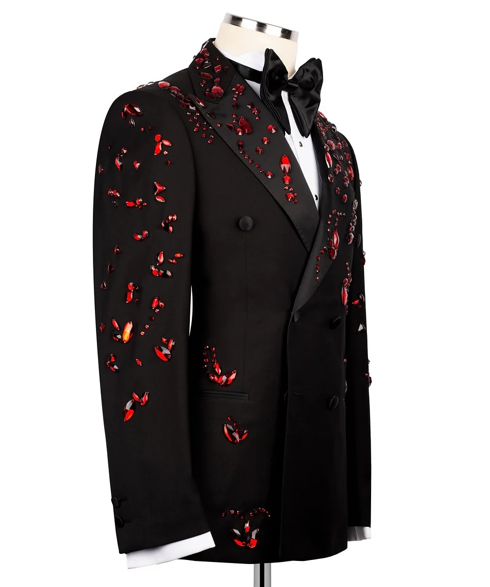 Luxury Man Suits Fit Slim Crystals Beaded Peaked Lapel 2 Pieces Set Party Prom Blazer Rhinestone Customized Evening Party Double Breasted Jacket Pants