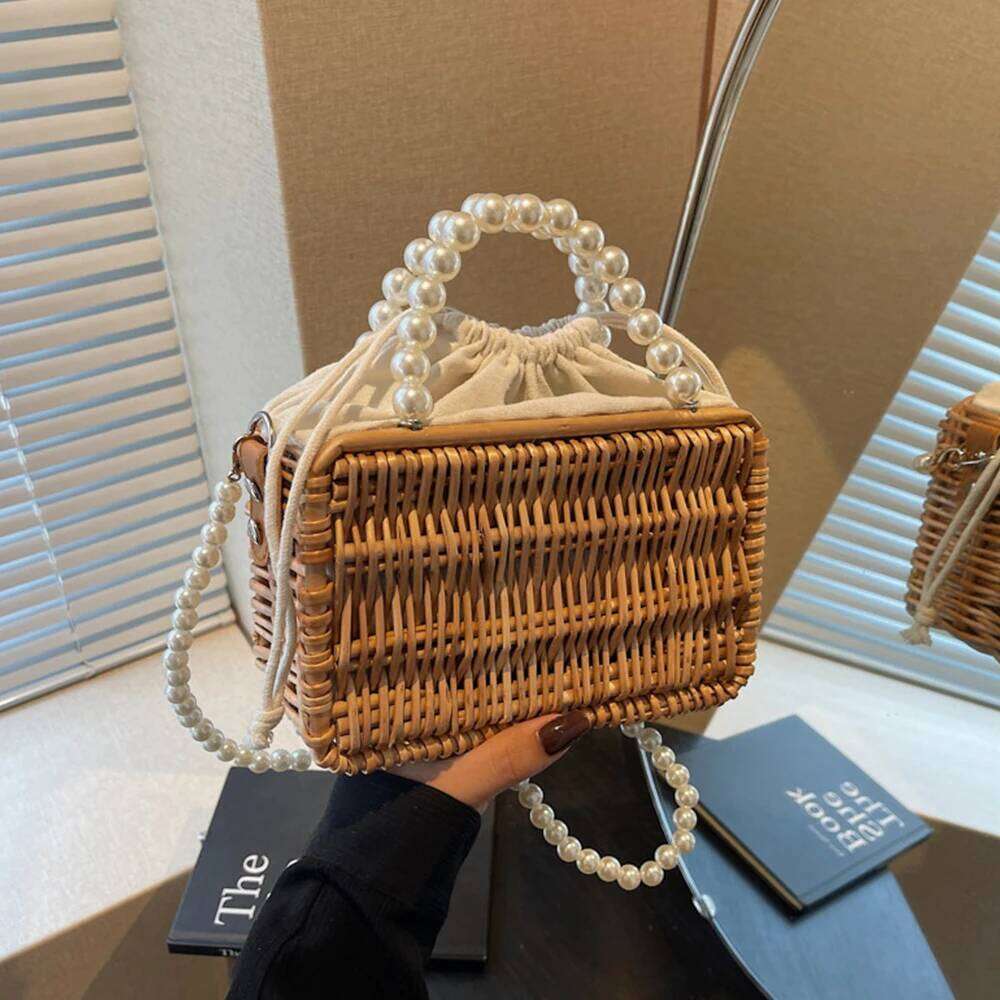 Women's Bags Designer Bohemian Woven Straw Basket Pearls Beaded Rattan Bags For Women Handbag Summer Travel Beach Shoulder Crossbody Bag Box Purs