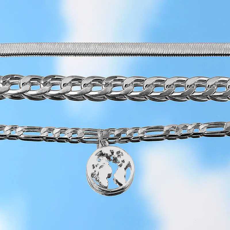 3pcs/set Gold Silver Color World Map Anklets For Women Bohemian Multilayer Anklet On Leg Fashion Beach Jewelry Foot Accessories W250604