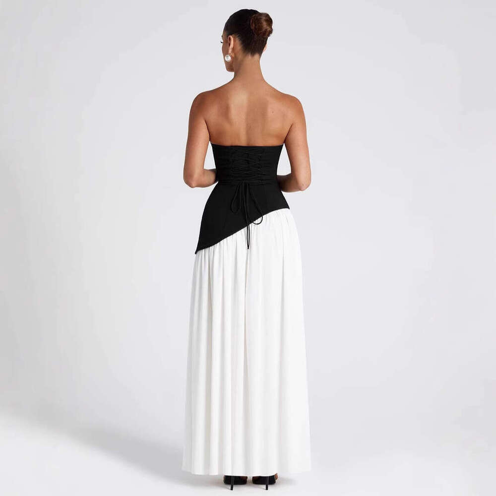 Design Sense Hot Style European and American Source Age-Reducing Mature Sister Color-Block High-End Strapless Split Temperament Zipper Tie Dress 2025 