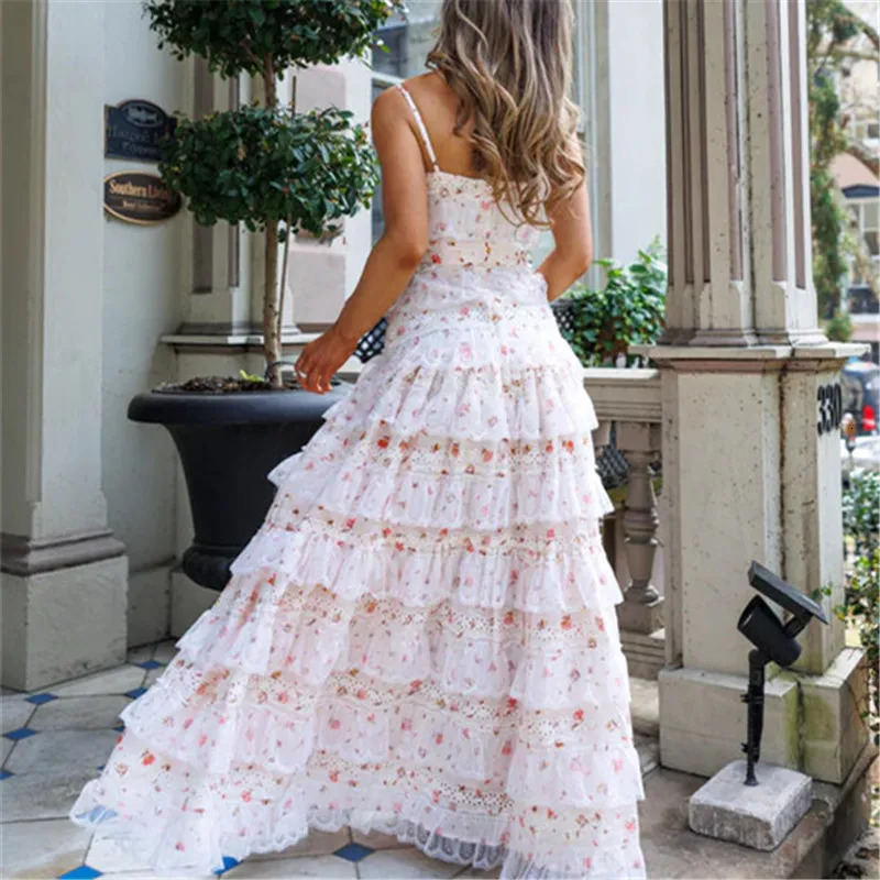 Women Boho Floral Smocked Maxi Dress Y2k Patchwork Lace Layered Long Beach Dress Casual Flowy Summer Sundress 250604