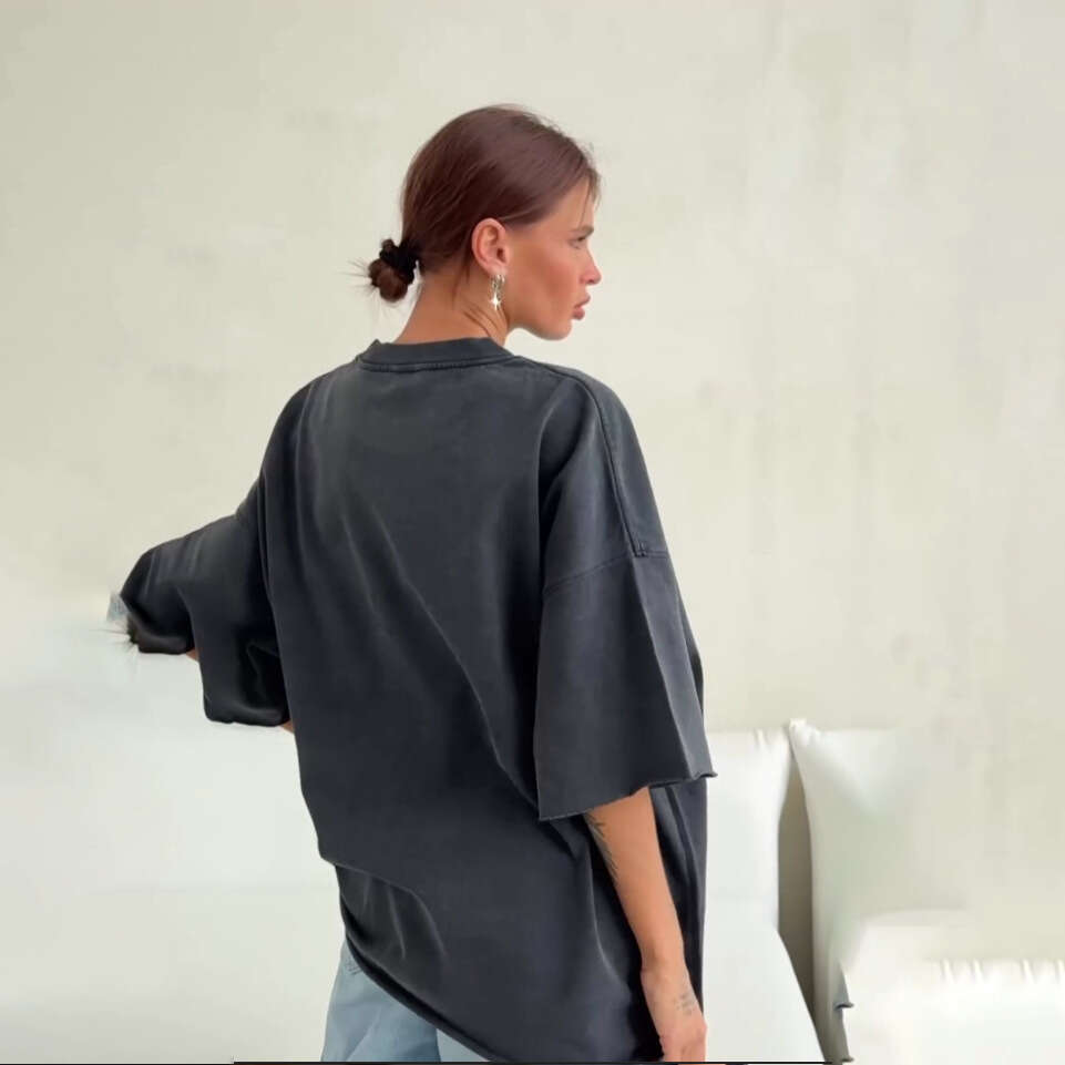 Boyfriend Style Oversized Drop Shoulder Round Neck Pullover Top Casual Versatile Simple Ins Print Short Sleeve T-Shirt Women's Clothing B5