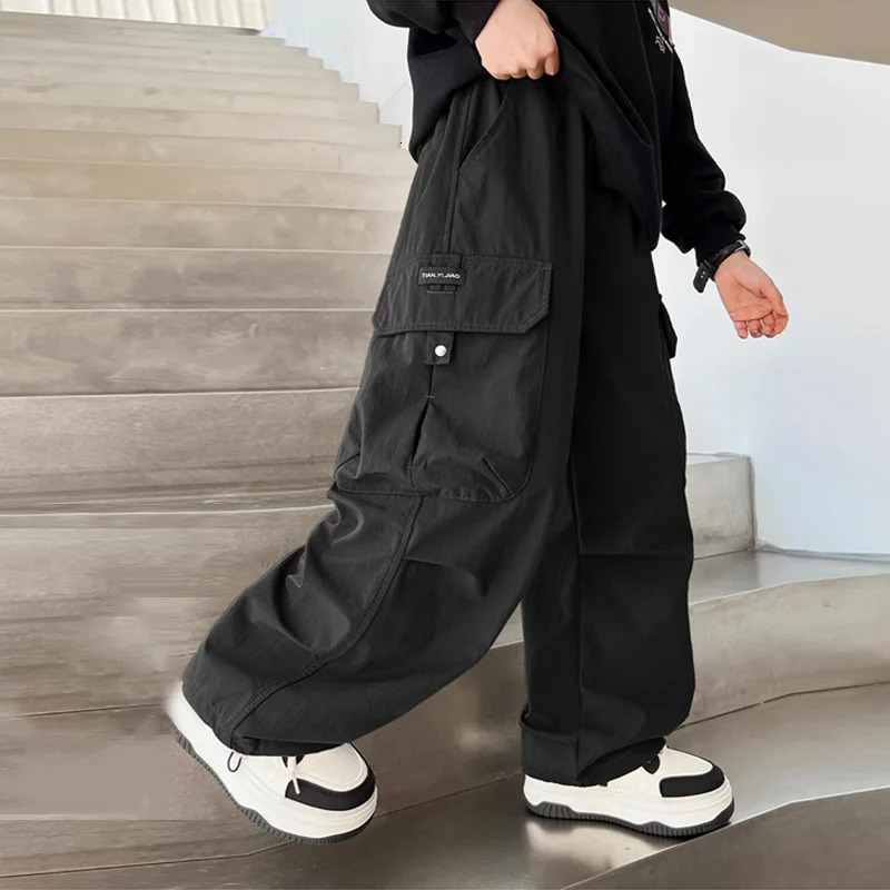 Boys Cargo Pants Children Spring Casual Trousers Children Autumn Straight Loose Pants Teenager Solid Color Wide-leg Clothing 250528