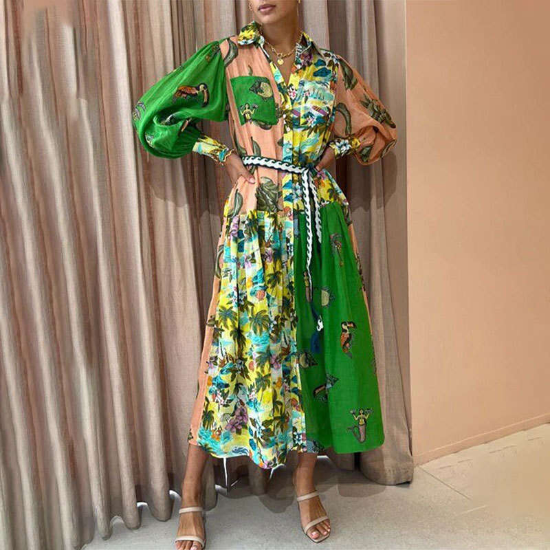 Women's Fashion Casual Personality Print V-Neck Tie Waist Long Sleeve Flared Dress B5