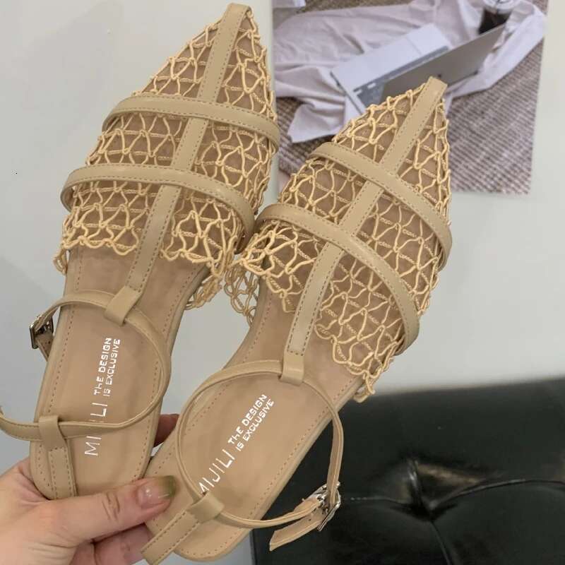 Mesh Hollow Comfort Flat Sandals Women Sexy Pointed Toe Naked Strap Summer Designer Shoe Party Elegant Dress Heels Ladies