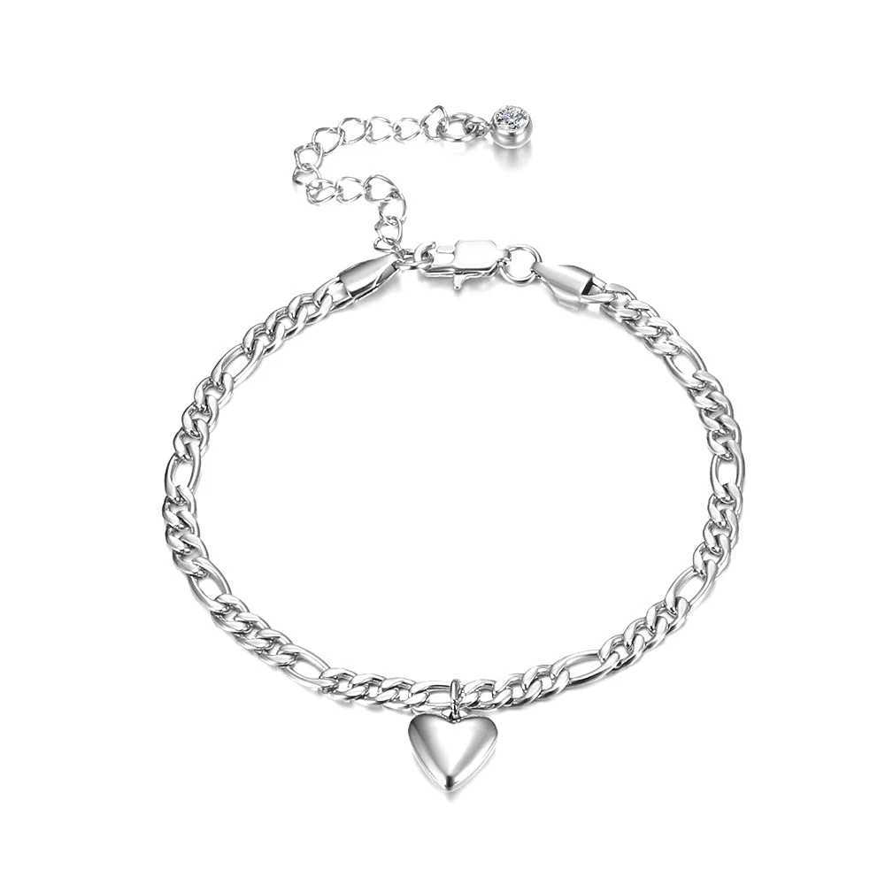 4.5mm Figaro Chain Anklet Silver Color Stainless Steel Heart Charm Leg Foot Ankle Bracelet for Women Summer Beach Jewelry Gift W250604
