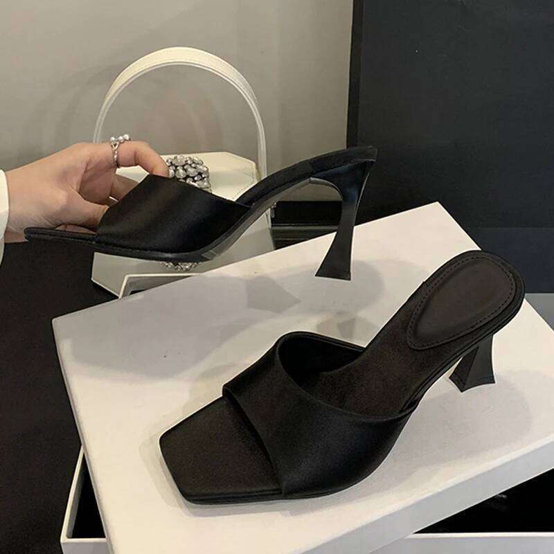 Liyke High Quality Cozy Silk Wide Square Toe Women Slippers Sandals Strange Heels Mules Slides Summer Party Dress Shoes Brown