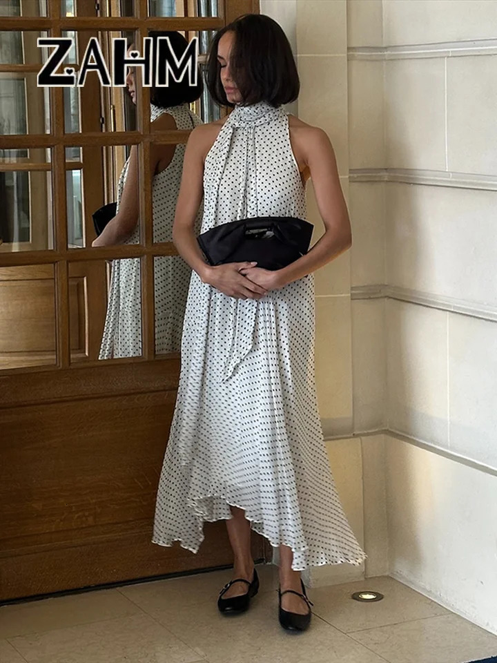 Elegant Polka Dots Halter Ribbons Dress Women Loose Sleeveless Scarf Irregular Long Dresses Female Summer Lady Robes 250604