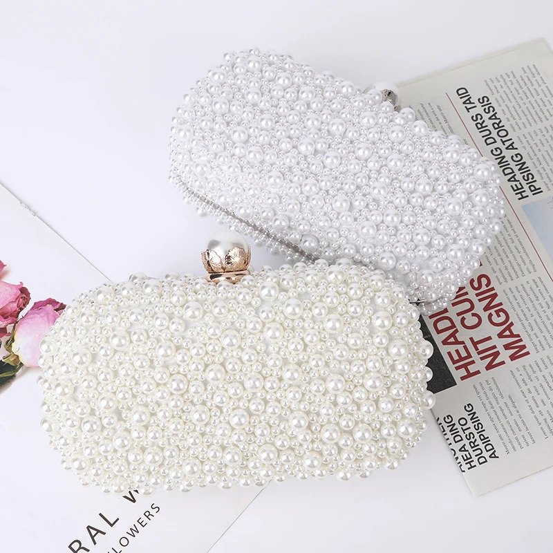 Fashion Elegant Women White Beige Special Crystals Beaded Pearl Evening Clutch Bags Wedding Party Handbag 250528