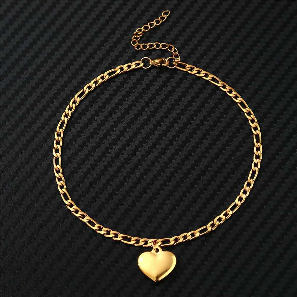 Womens Ankle Bracelet Beach Jewelry Ladies Gold Color Stainless Steel Figaro Chain With Heart Pendant Anklets for Women W250604