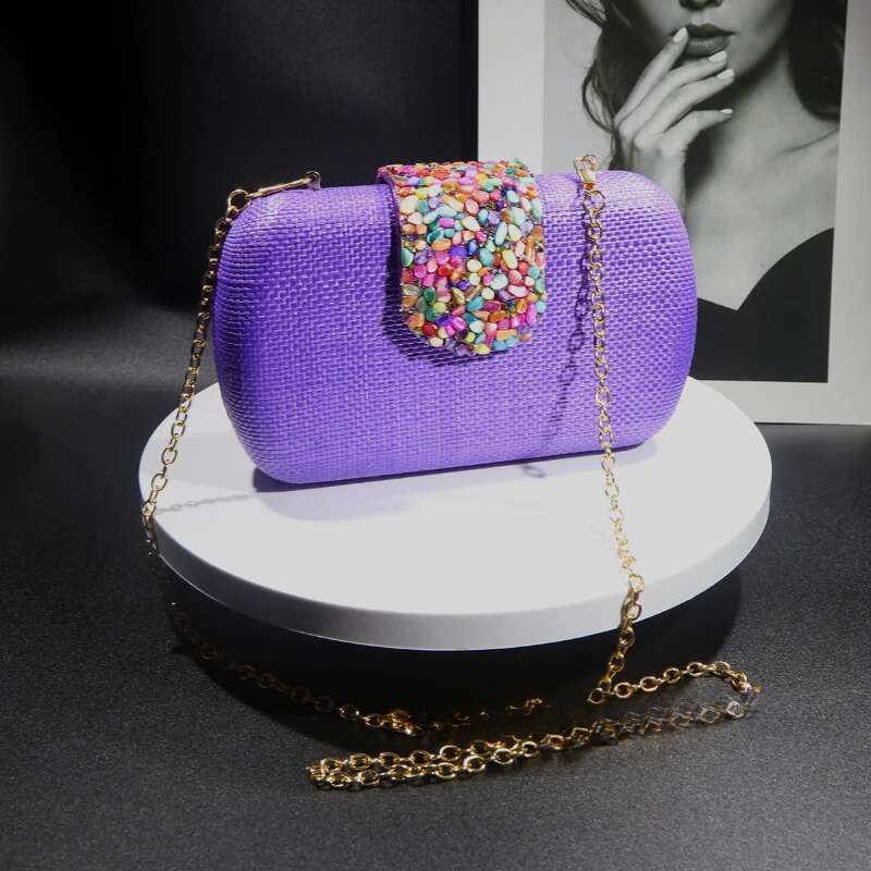 New Elegant Purple Women's Purse Fashion Woven Evening Bag Wedding/Prom/Birthday Party Clutch Handbags With Crossbody Chain
