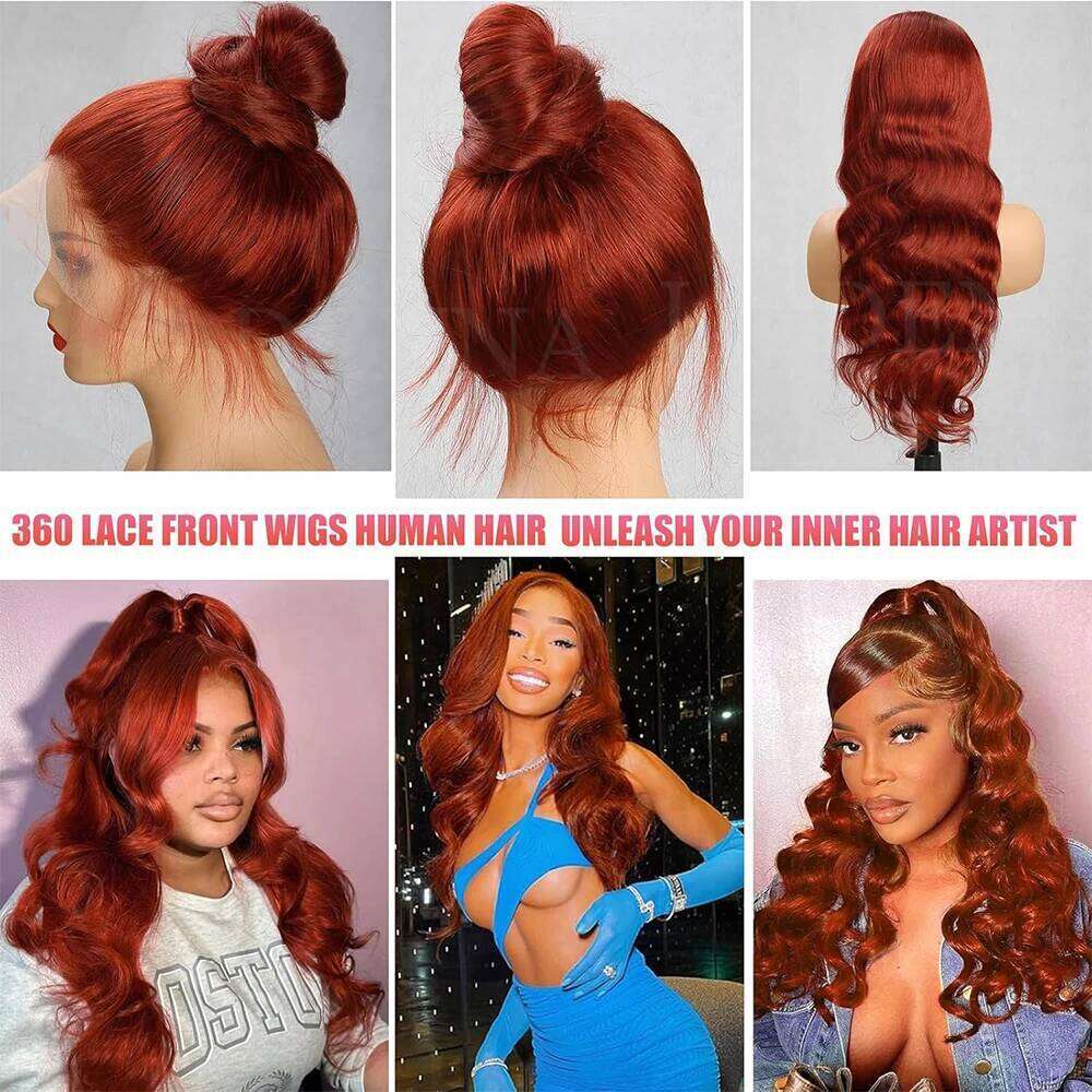 Hidden Strap Body Wave 360 Glueless Reddish Brown Pre Bleached Human Hair With Drawstring Full Lace Front Wig