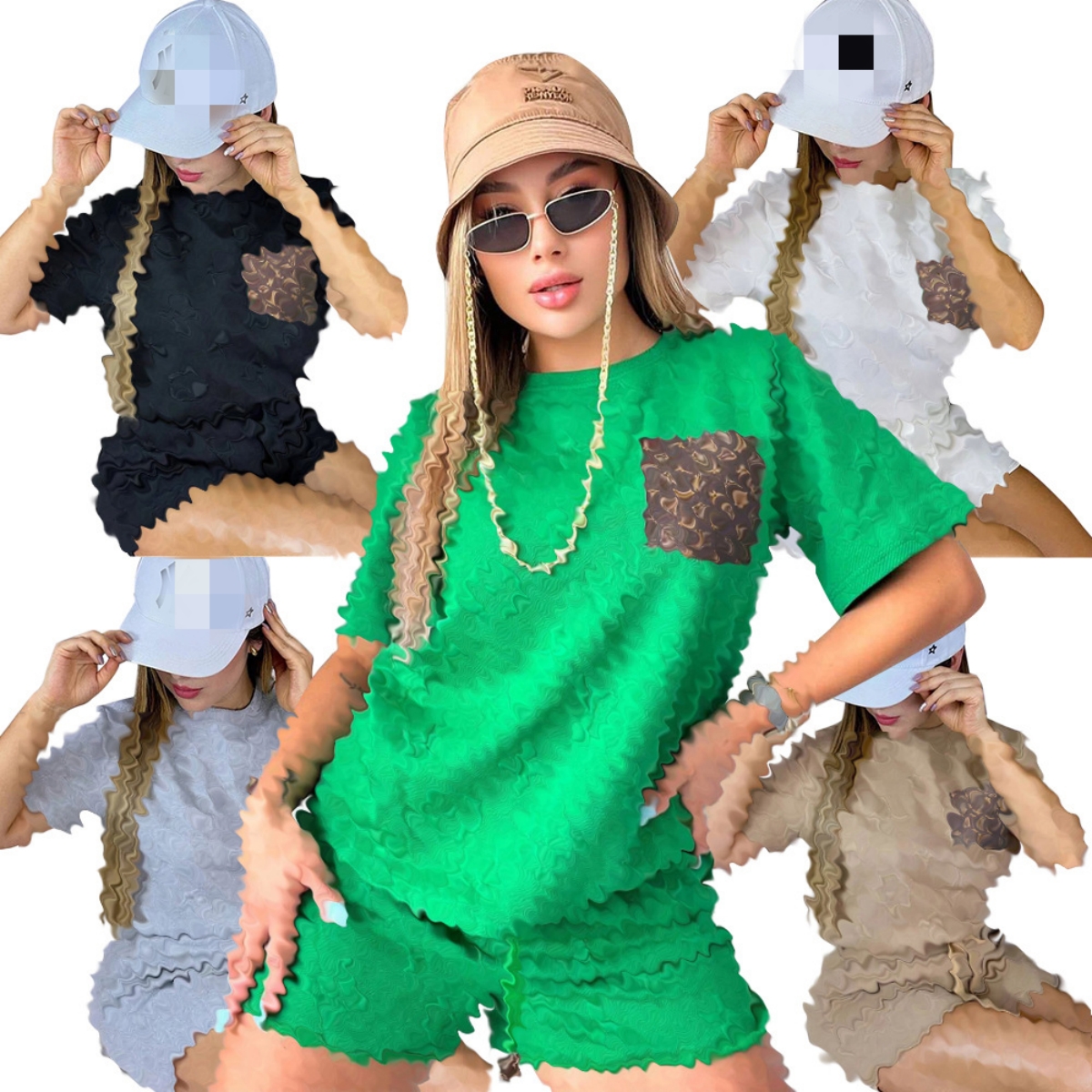 Fashion Jacquard Tracksuits Women Casual Short Sleeve T-shirt and Hot Pants Set Free Ship