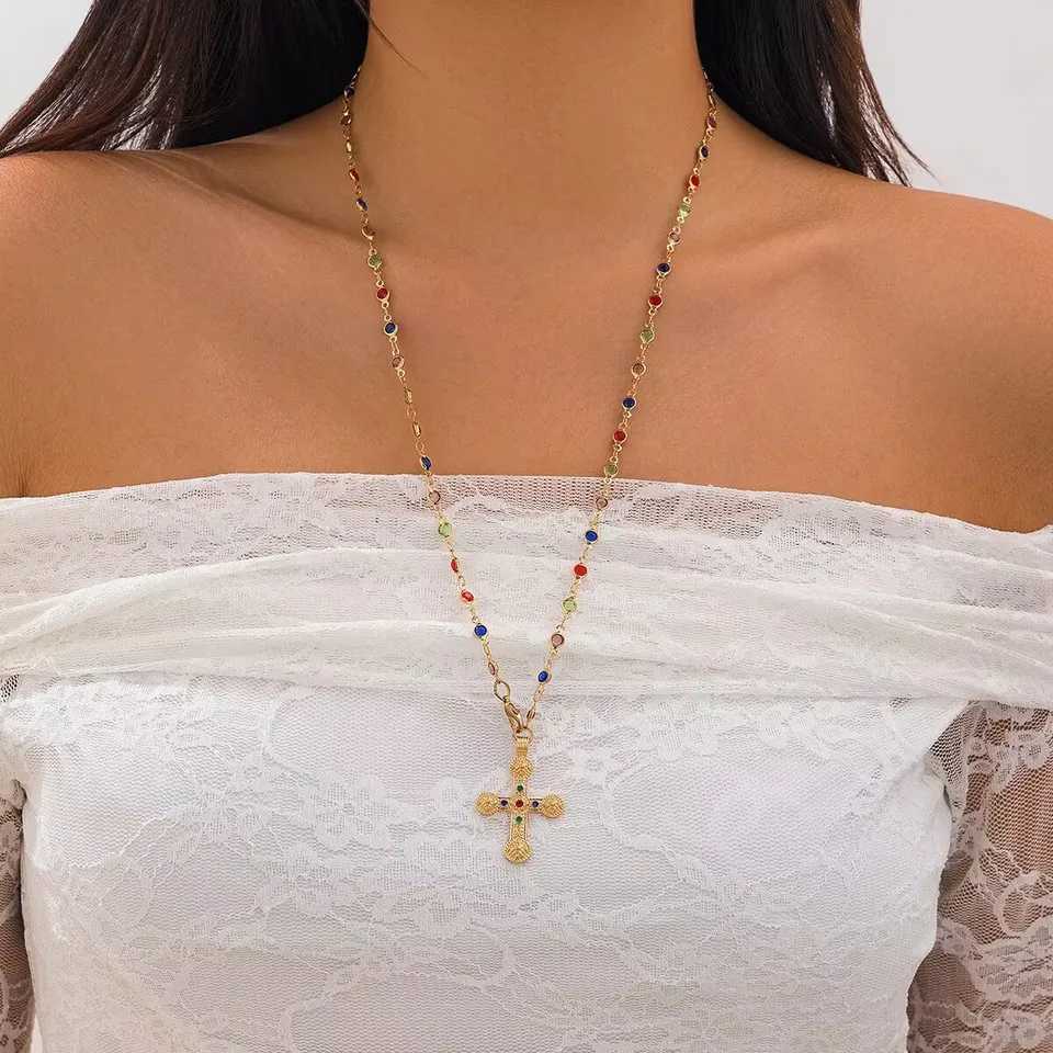 Y2K Fashion Boho Geometric Colored Crystal Chain Necklace For Women Female Vintage Gold Color Metal Cross Pendant Jewelry Gift XJ250604
