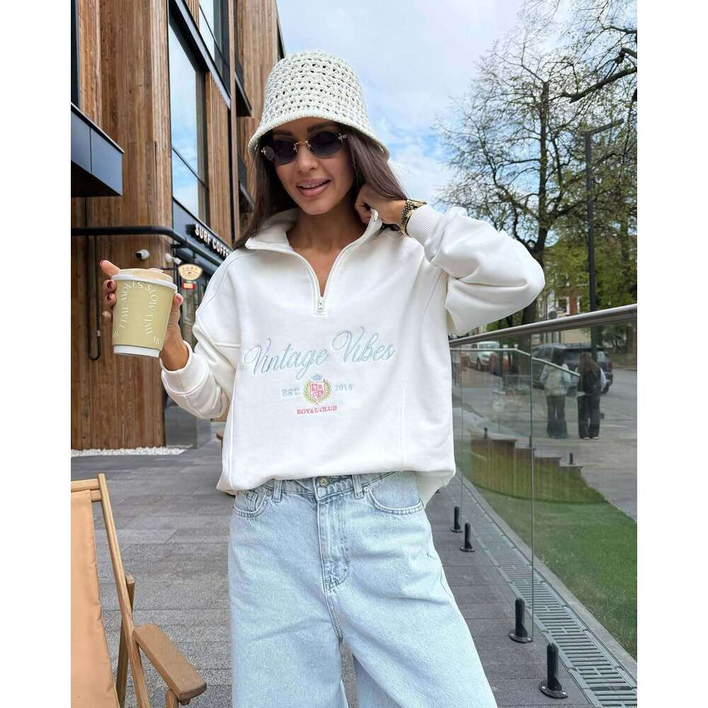 Hot Selling Half-Zip Lazy Style Early Autumn Sweatshirt For Women Trendy Loose Long Sleeve Top Coat Women's Clothing B5