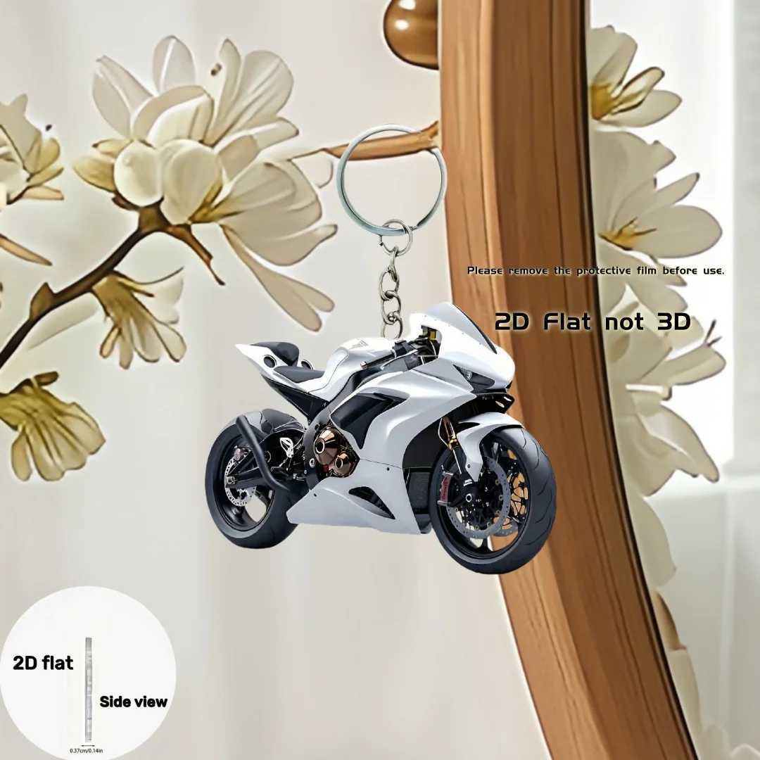 White Motorcycle Knight Pendant Keychain Moto Themed 2D Flat Acrylic Ornament Charms Hanging Decoration for Car Bag Festive Gift W250604