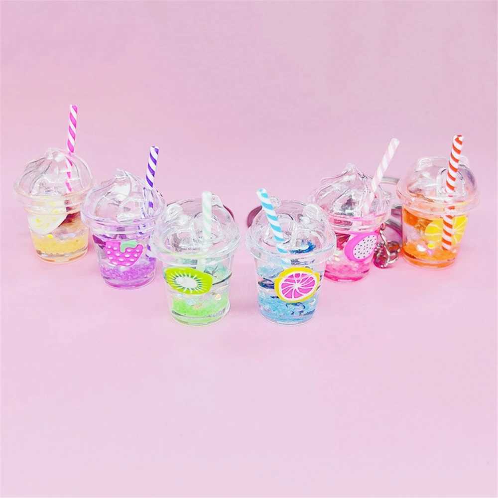 Luminous Milk Tea Cup Keyring Glow in The Dark Acrylic Fruit Kiwi Grape Juice Keychain Bag Decoration Car Key Chains Jewelry W250604