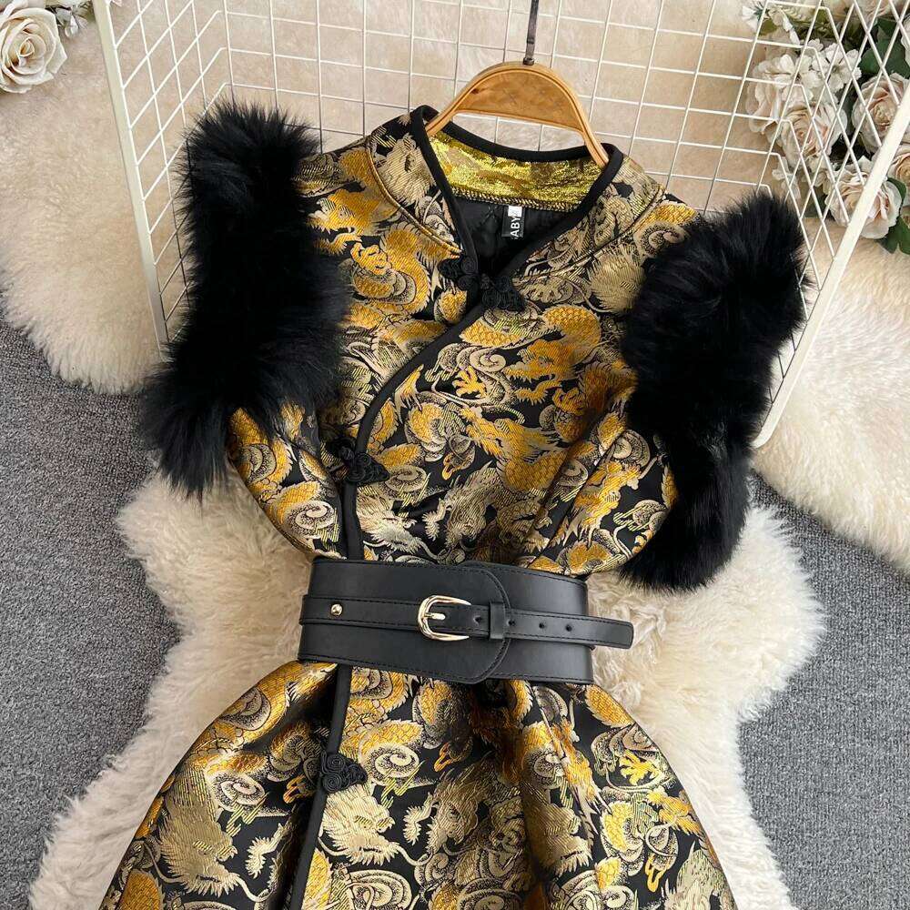 Autumn Dress 2025 Retro Chinese Style Elegant Women'S Dresses Faux Fur Splicing Vest Waist Slim Short A-Line Jacquard Vestidos