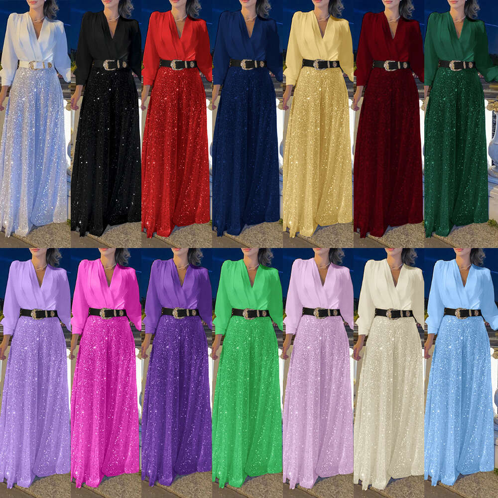 New Fashion V-Neck Long Sleeve Shirt Elegant Waist-Cinching Slimming Sequin Wide-Leg Pants - With Belt B5