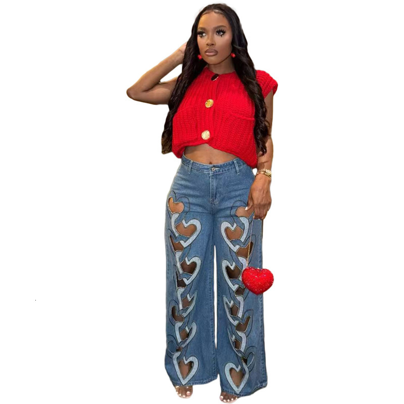 Womens Jeans 2025 New Fashion Elastic And Personalized Denim Pants With Hollowed Out Embroidery And Heart-shaped Straight Leg Pants