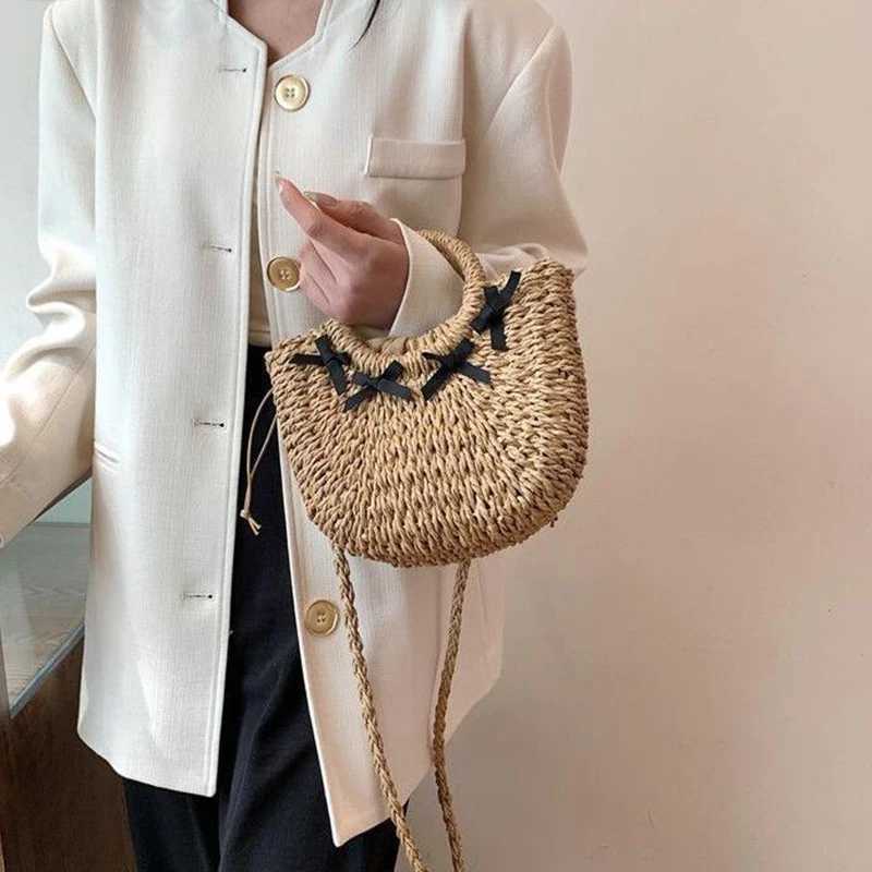 Straw Woven Bag Small Fragrant Style Sling Shoulder Crossbody Bag Hand-held Womens Bag Bow Design Beach Bag XJ250604