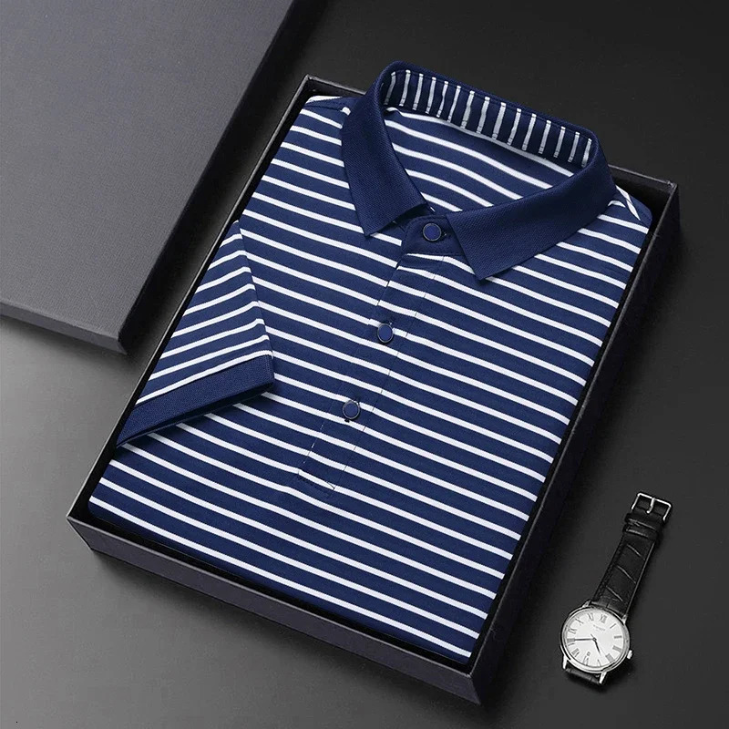 2024 Mens Striped Cotton Business Casual Short Sleeved POLO Shirt Fashion Comfortable and Breathable Top y250604Z
