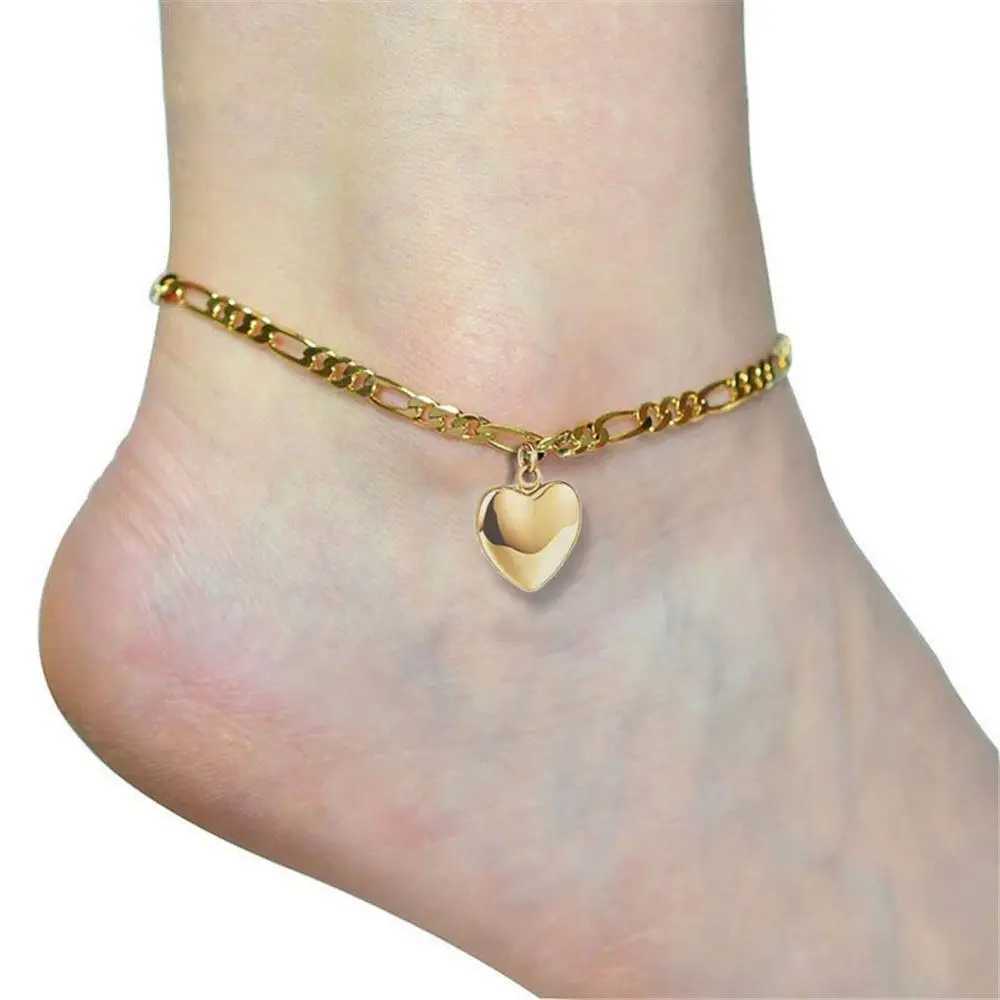 Womens Ankle Bracelet Beach Jewelry Ladies Gold Color Stainless Steel Figaro Chain With Heart Pendant Anklets for Women W250604