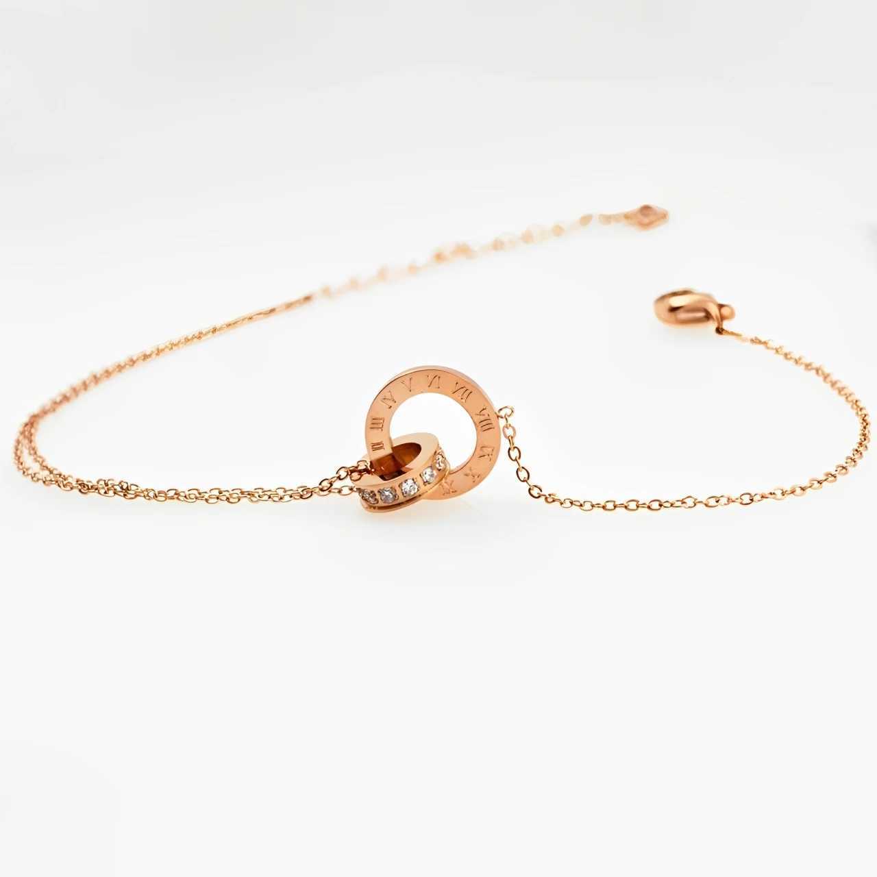 Double Circle Anklet for Women Roman Numerals Rose Gold Color Titanium Steel Fashion Jewelry (A001) W250604
