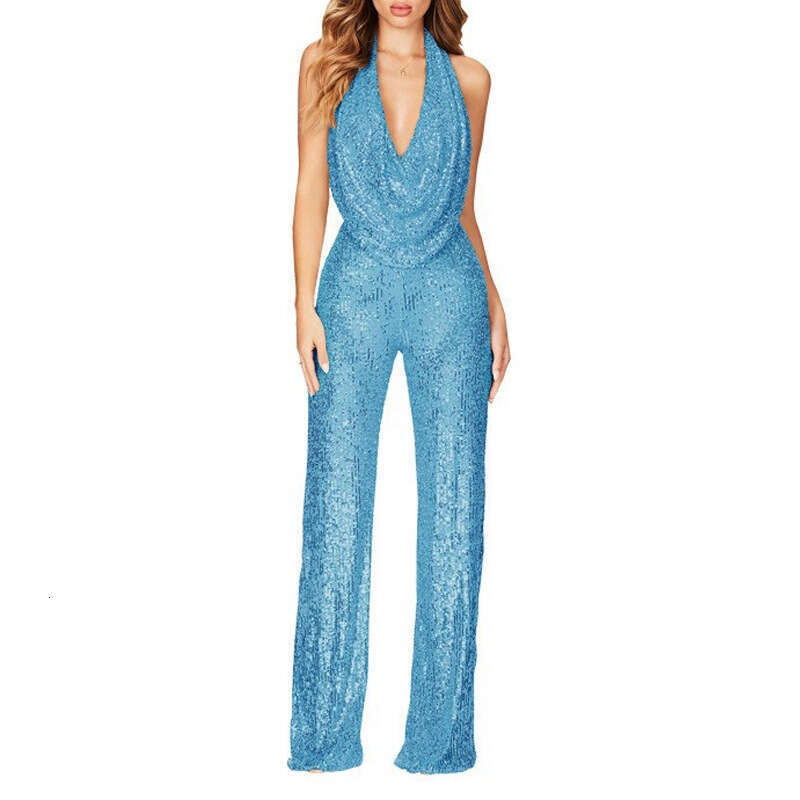 New Summer Women's Sleeveless Halter Sequin Jumpsuit B5