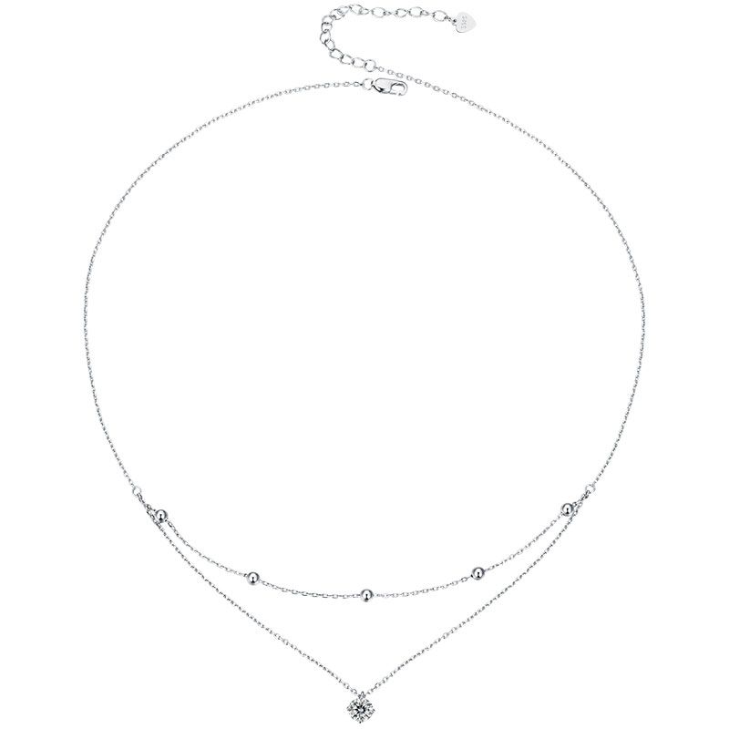BAMOER Moissanite Layered Pendant Necklace, 925 Sterling Silver Round Multilayer Stylish Dainty Choker Necklace 17.7 inches MSN023
