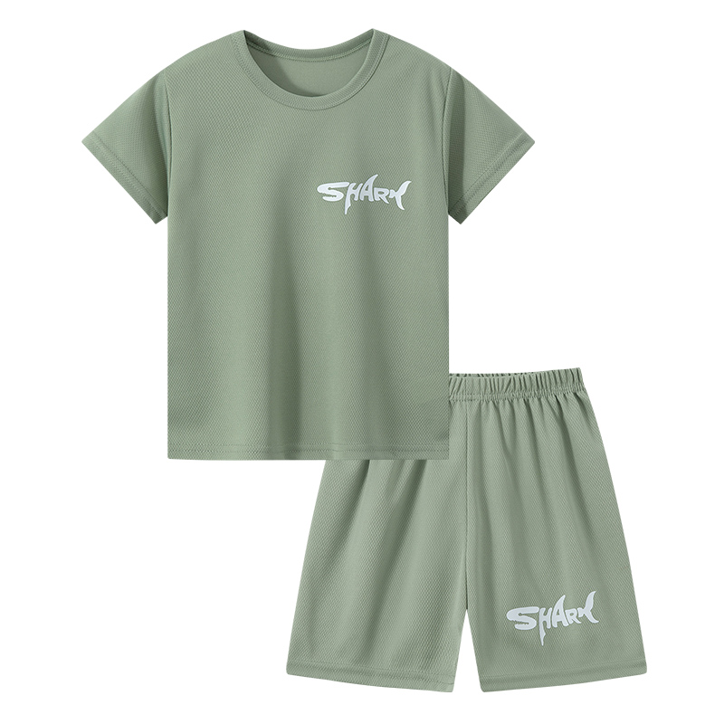 Kids Outdoor Activity Gear: Lightweight Short Sleeve Top with Matching Pants Featuring Sharks and Letters for Boys Aged 4-12 Years Old