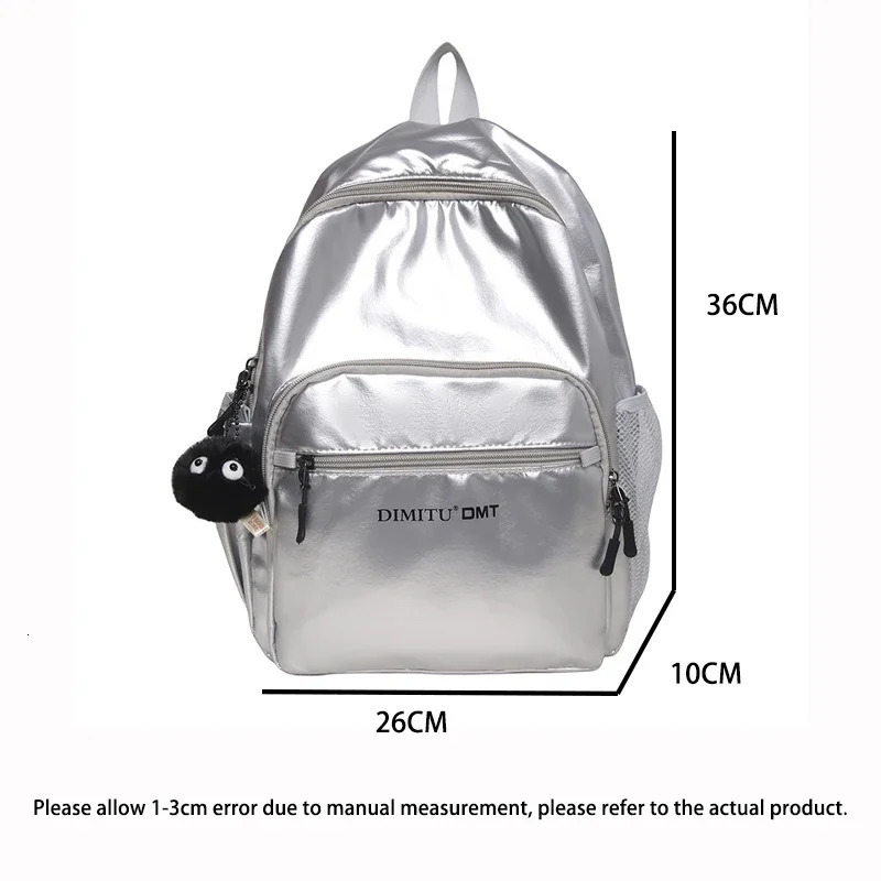 Large Capacity Shoulder Backpack Silver Nylon Commuting Backpack Women College Students Waterproof Lightweight Travel Schoolbag 250530